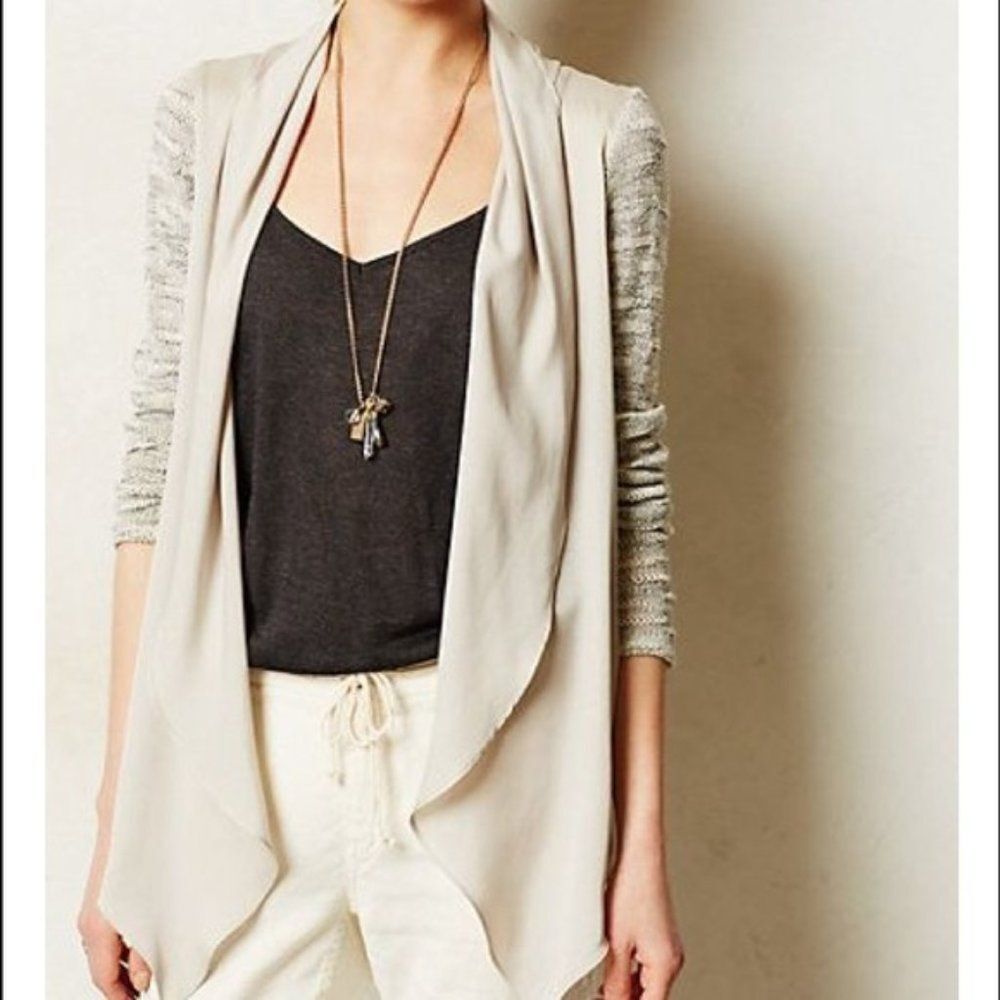 LOLA & SOPHIE Open Front Drape Knit Cardigan Sweater Contrast Fabric Career Work